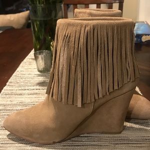Chinese Laundry Wedge Fringe Booties- Camel